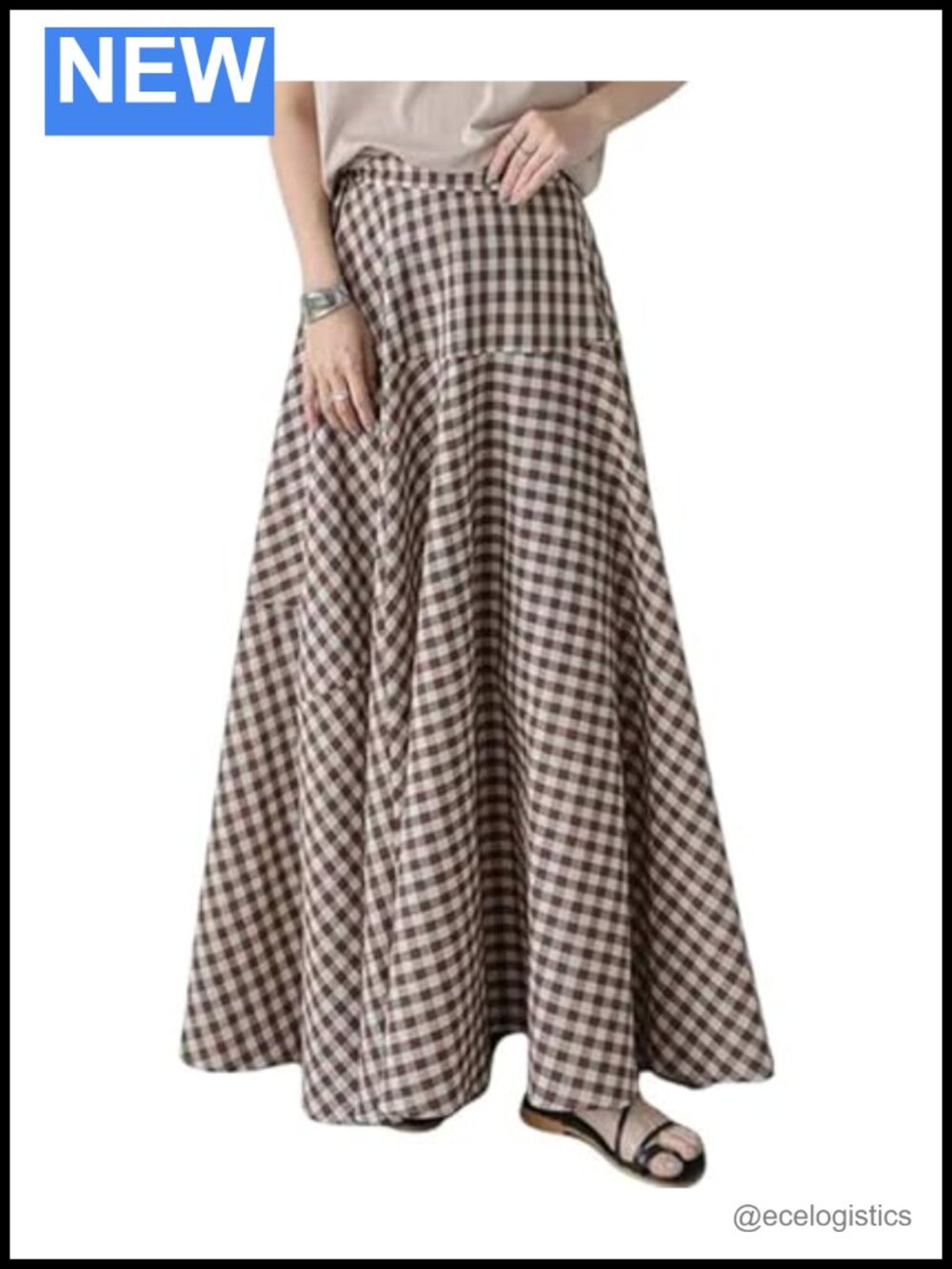 Flowy Pleated Plaid Maxi Skirt with Elastic High Waist